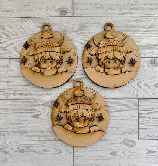 3 pk highland cow ornament set DIY wood kit